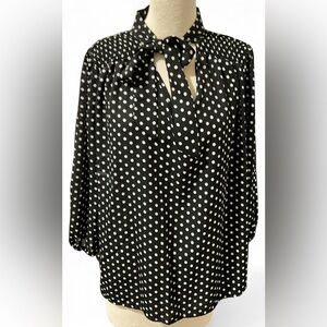 A Love Story Black & White Polka Dot Women's Long Sleeve Neck Tie Blouse Size XL